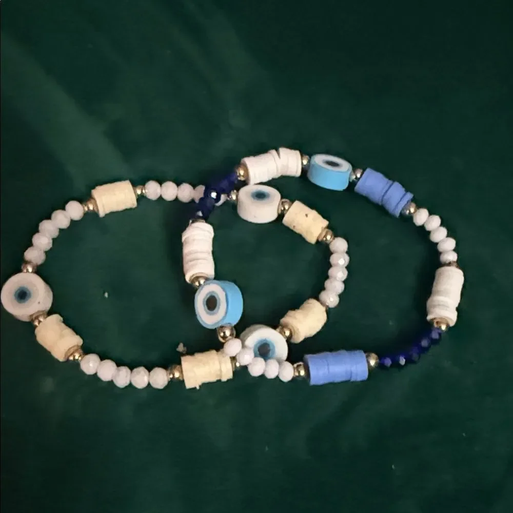 Blue and White Beaded Bracelet Set of 2 Eye Bracelets NEW